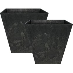 Set van 2x stuks bloempot/plantenpot vierkant van gerecycled kunststof zwart D15 en H15 cm - Plantenbakken