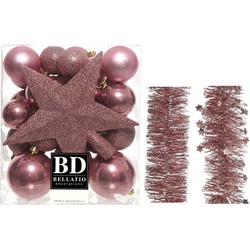 Kerstversiering kerstballen 5-6-8 cm met ster piek en folieslingers pakket oud roze van 35x stuks - Kerstbal