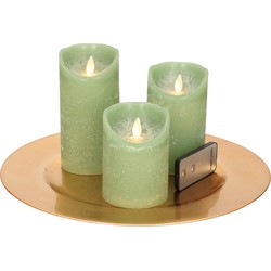 Ronde kaarsenplateau goud van kunststof D33 cm met 3 jade groene LED-kaarsen 10/12,5/15 cm - Kaarsenplateaus