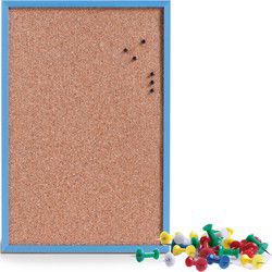 Prikbord incl. 25x punaises gekleurd - 40 x 60 cm - blauw - kurk - Prikborden