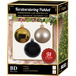 Gouden/champagne/zwarte kerstballen pakket 91-delig voor 150 cm boom - Kerstbal