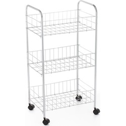 MSV Keuken/badkamer trolley - chroom metaal - zilver - met wielen - 37 x 26 x 68 cm - Opberg trolley