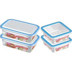 4x Voedsel plastic bewaarbakjes 1,5 en 1 liter transparant/blauw - Vershoudbakjes