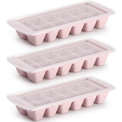 Set van 3x stuks IJsblokjes/ijsklontjes maken kunststof bakje met afsluitdeksel roze 28 x 11 cm - IJsblokjesvormen