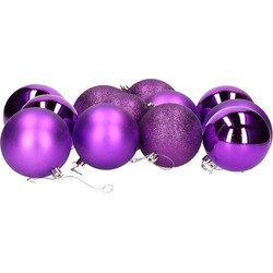 12x stuks kerstballen paars mix van mat/glans/glitter kunststof 8 cm - Kerstbal