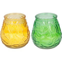 Arti Casa 4x stuks citronella Lowboy tafelkaarsen - 10 cm - geel en groen glas - geurkaarsen