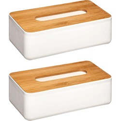 Set van 2x stuks tissuedozen/tissueboxen wit kunststof met bamboe deksel 26 x 13 cm - Tissuehouders