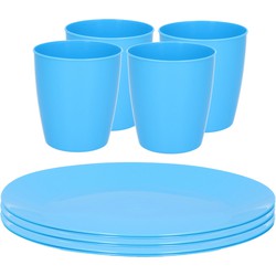 Kunststof ontbijt/diner 8x bordjes 26 cm en 8x bekertjes 430 ML set blauw - Campingborden