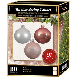 Witte/oud roze/lichtroze kerstballen pakket 91-delig voor 150 cm boom - Kerstbal