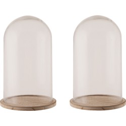 Glazen decoratie stolp op houten plateau - 2x - D18 x H28 cm - Decoratieve stolpen