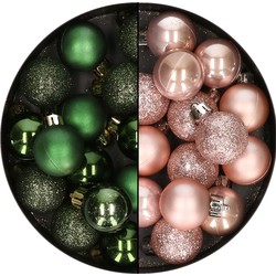 28x stuks kleine kunststof kerstballen zachtroze en dennengroen 3 cm - Kerstbal