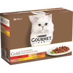 Gold fijne hapjes in saus met rund, kalkoen en eend, zalm en kip of kip en lever 12 x 85g kattenvoer - Gourmet