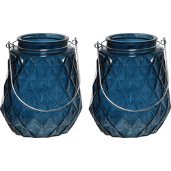 2x stuks theelichthouders/waxinelichthouders ruitjes glas donkerblauw met metalen handvat 11 x 13 cm - Waxinelichtjeshouders