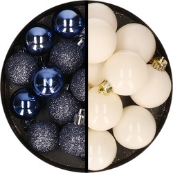 36x stuks kunststof kerstballen donkerblauw en wol wit 3 en 4 cm - Kerstbal