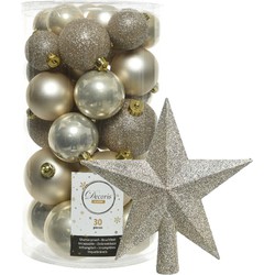 Decoris kerstballen 30x stuks - licht champagne 4/5/6 cm kunststof mat/glans/glitter mix en piek - Kerstbal