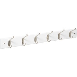 Kapstok rek voor wand/muur - wit - 6 ophanghaken/knoppen - MDF/ijzer - 58 x 9 cm - Kapstokken