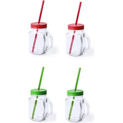 4x stuks drink potjes van glas Mason Jar groen/rood 500 ml - Drinkbekers