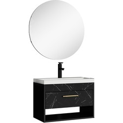 Badplaats Badkamermeubel Set Salcedo 60 cm - Zwart Marmer - Badmeubel met Wastafel en Spiegel