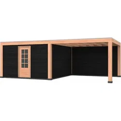 Douglas overkapping, 750 x 400 cm, met schuur en achterwand, Westwood Robuust Zwart