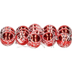 18x stuks gedecoreerde kerstballen rood kunststof 6 cm - Kerstbal