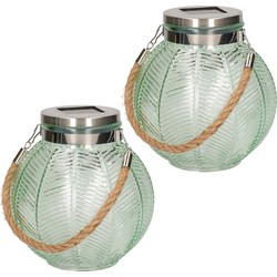 2x stuks groene solar lantaarn van gestreept glas rond 16 cm - Lantaarns