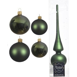 Glazen kerstballen pakket donkergroen glans/mat 38x stuks 4 en 6 cm met piek mat - Kerstbal