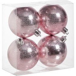 4x Kunststof kerstballen cirkel motief roze 8 cm kerstboom versiering/decoratie - Kerstbal