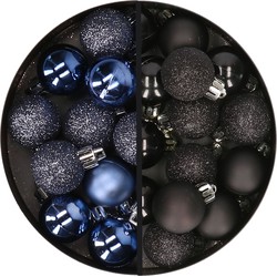 34x stuks kunststof kerstballen donkerblauw en zwart 3 cm - Kerstbal