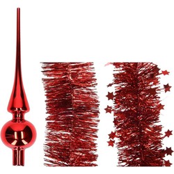 Kerstversiering glazen piek glans 26 cm en folieslingers pakket rood van 3x stuks - kerstboompieken