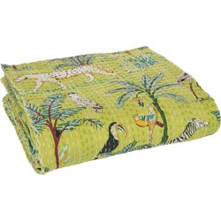 J-line - Plaid/strand Mat Exotisch Dieren/planten Hechtingen Katoen Groen Large - 270x220x0.5cm