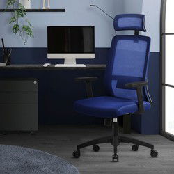 Ergonomische bureaustoel in marineblauwe netstof met verstelbare armleuningen en hoofdsteun ML design