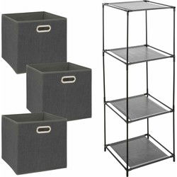 Kastmandjes/opberg mandjes - donkergrijs - 3x stuks van 29 Liter - In rekje van 34 x 98 cm - Opbergmanden