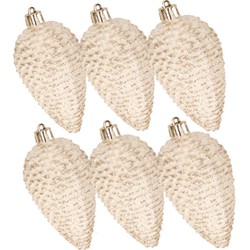 Kerstornamenten kunststof dennenappels 6x stuks beige glitter 8 cm - Kersthangers