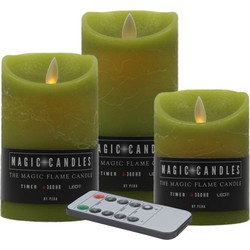Magic Flame LED kaarsenset - 3x kaarsen - mos groen - afstandbediening - LED kaarsen