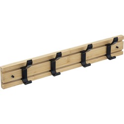 5Five Kapstok rek - wand/muur - lichtbruin/zwart - 4x schuifbare haken - Bamboe/ijzer - 40 x 8 cm - Kapstokken