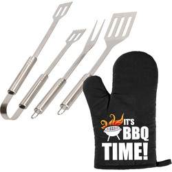 Barbecue/bbq gereedschap 3-delige set 33 cm van RVS met BBQ handschoen It's BBQ Time! - Barbecuegereedschapset