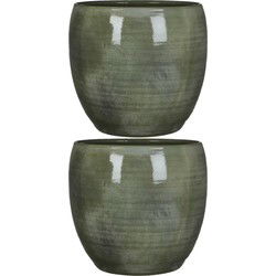 Mica Decorations Plantenpot - 2x - groen - glans - keramiek - 33 x 31 cm - Plantenpotten