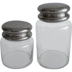 Set van 2 glazen potten met zilverkleurige deksels