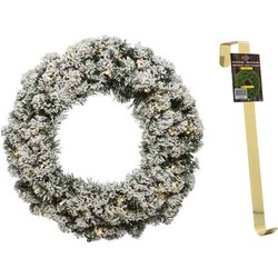 Groen/witte led kerstkrans 50 cm Imperial met kunstsneeuw en met gouden hanger - Kerstkransen