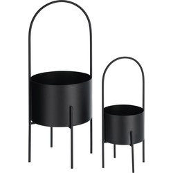 Kave Home - Set van 2 bloempotten Mash met een zwarte metalen handgreep Ø 25 cm / Ø 16,5 cm