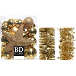 Kerstversiering kerstballen 5-6-8 cm met ster piek en folieslingers pakket goud van 35x stuks - Kerstbal