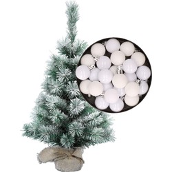 Besneeuwde mini kerstboom/kunst kerstboom 35 cm met kerstballen wit - Kunstkerstboom