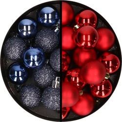 36x stuks kunststof kerstballen donkerblauw en rood 3 en 4 cm - Kerstbal