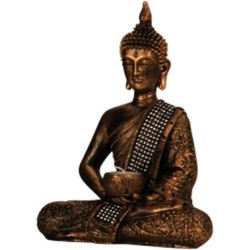 Boeddha decoratie beeldje met kaarshouder - kunststeen - goud - 26 x 20 cm - Beeldjes