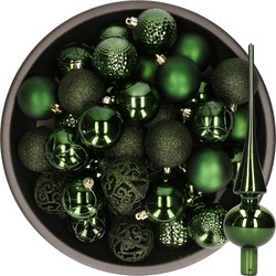 37x stuks kunststof kerstballen 6 cm incl. glazen piek glans donkergroen - Kerstbal