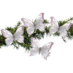 4x stuks kerstboom decoratie vlinders op clip glitter wit 15,5 cm - Kersthangers