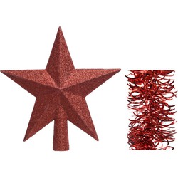 Kerstversiering kunststof glitter ster piek 19 cm en golf folieslingers pakket rood van 3x stuks - kerstboompieken