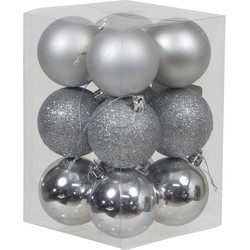 12x Zilveren kunststof kerstballen 6 cm glans/mat/glitter - Kerstbal