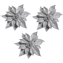 6x stuks Kerstversieringen kerststerren bloemen zilver op clip - Kersthangers