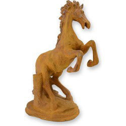 A RUSTY CAST IRON FIGURINE OF A STAGGERING HORSE